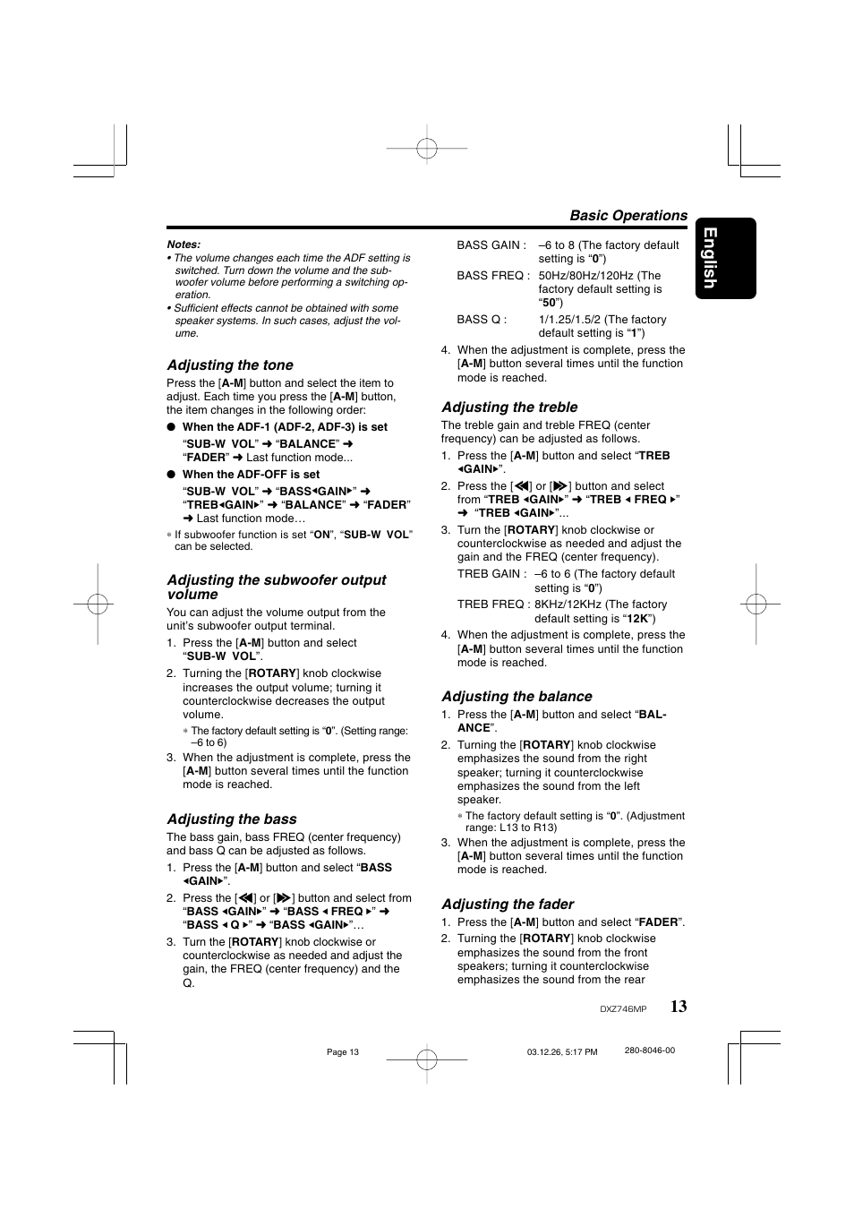 13 english, Basic operations, Adjusting the tone | Adjusting the subwoofer output volume, Adjusting the bass, Adjusting the treble, Adjusting the balance, Adjusting the fader | Clarion DXZ746MP User Manual | Page 9 / 32
