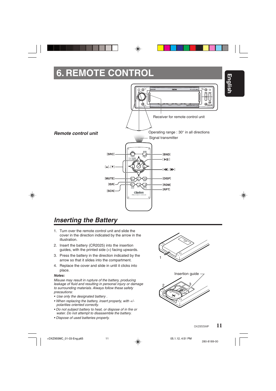 Remote control, Inserting the battery, English | Remote control unit | Clarion DXZ855MP User Manual | Page 11 / 46