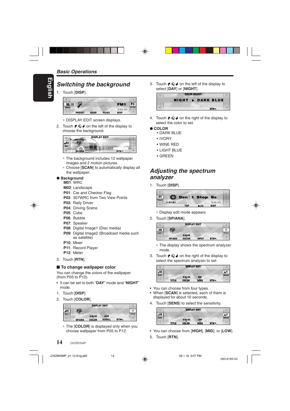 English, Adjusting the spectrum analyzer, Switching the background | Basic operations | Clarion DXZ855MP User Manual | Page 14 / 46