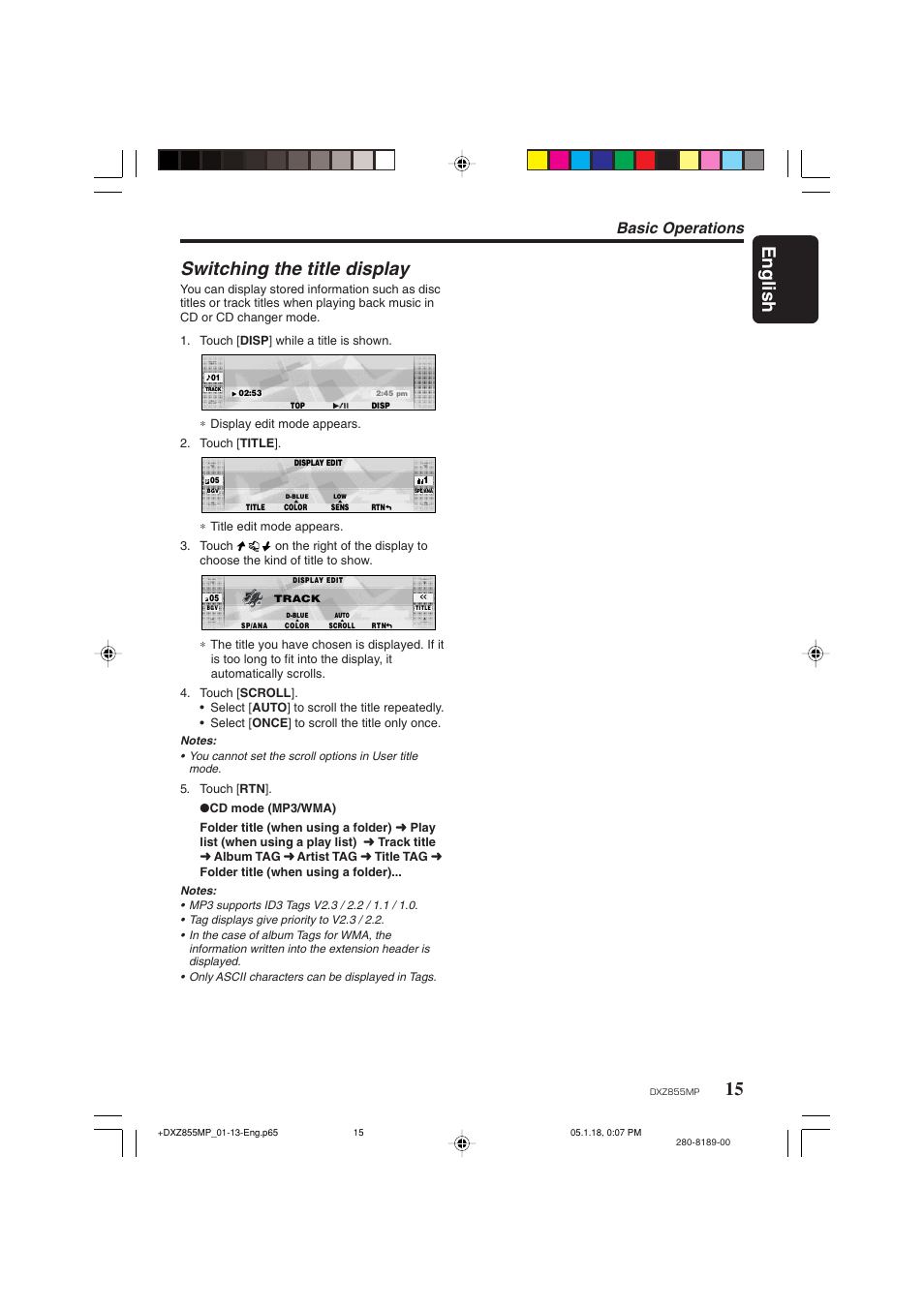 15 english, Switching the title display, Basic operations | Clarion DXZ855MP User Manual | Page 15 / 46