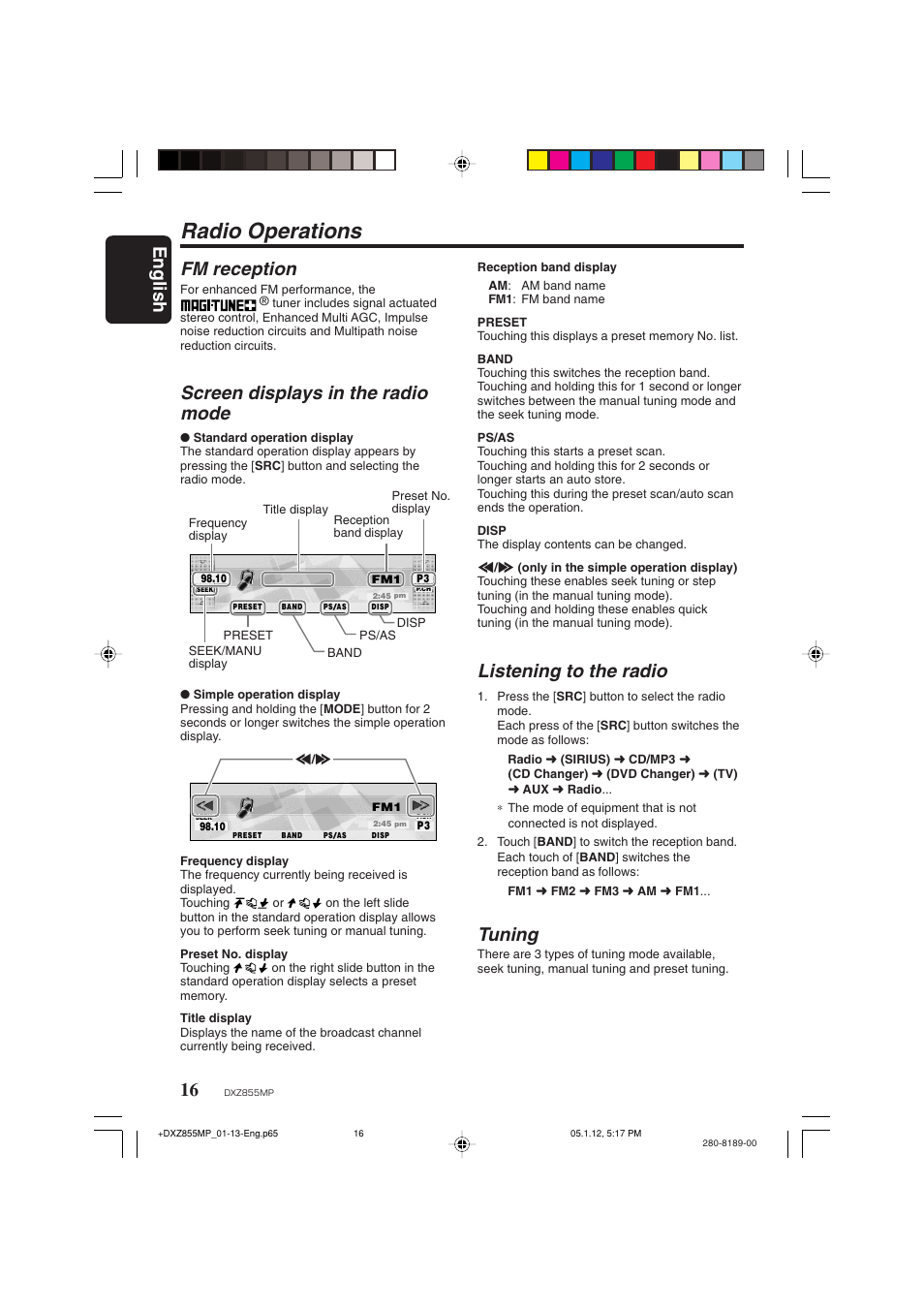 Radio operations, English, Fm reception | Screen displays in the radio mode, Listening to the radio, Tuning | Clarion DXZ855MP User Manual | Page 16 / 46