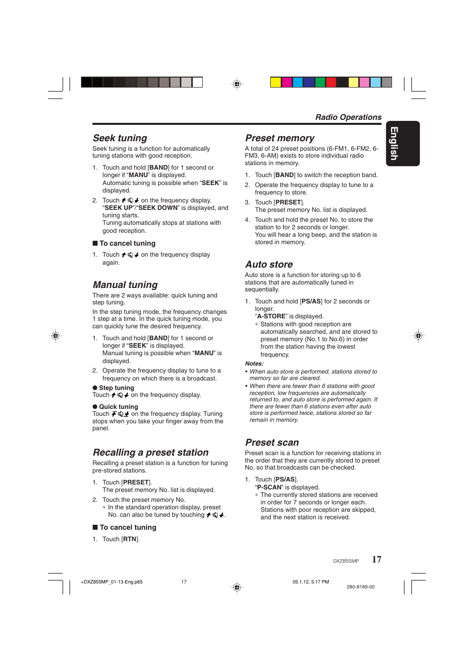 17 english seek tuning, Manual tuning, Recalling a preset station | Auto store, Preset scan | Clarion DXZ855MP User Manual | Page 17 / 46