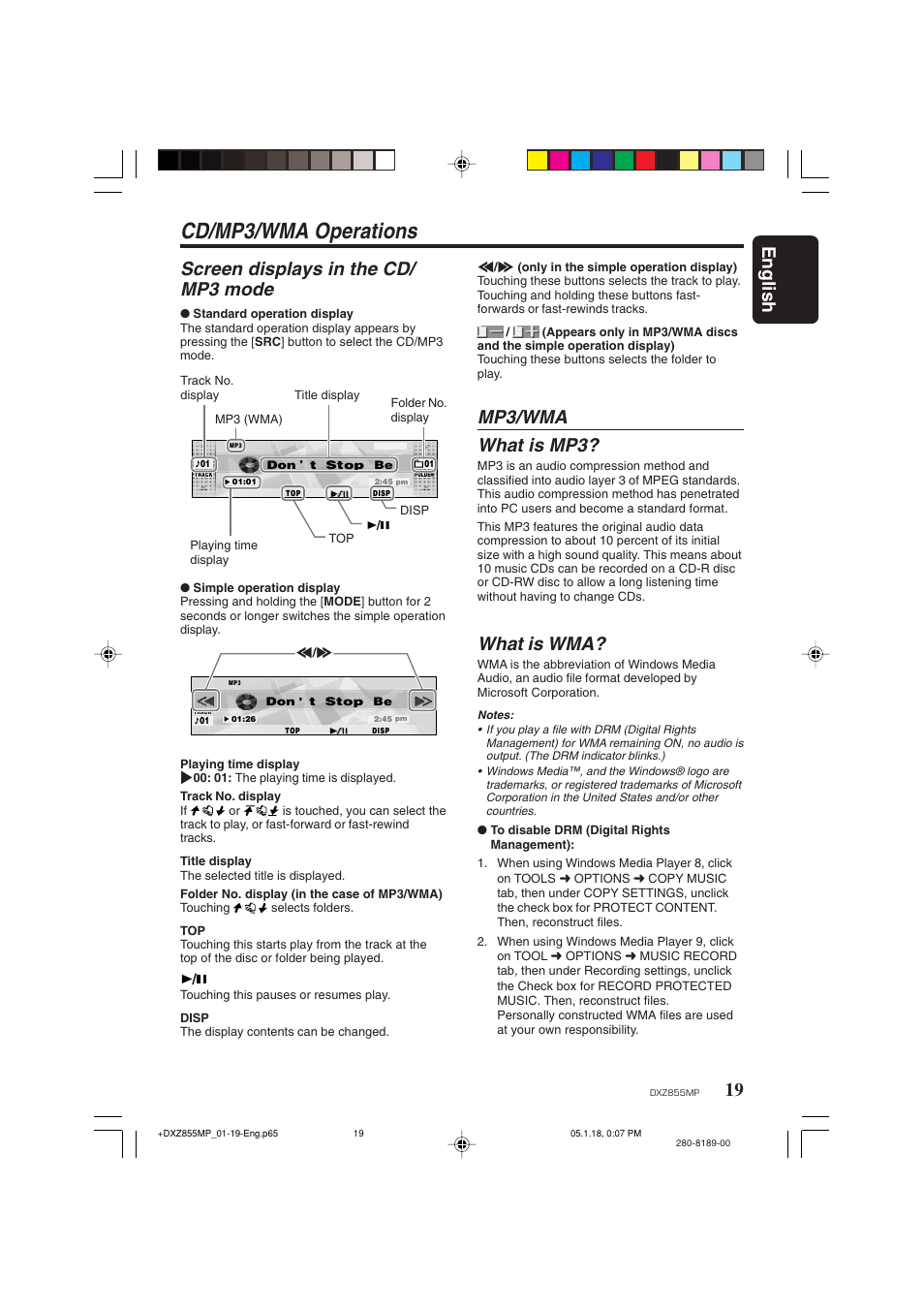 Cd/mp3/wma operations, 19 english, Screen displays in the cd/ mp3 mode | Mp3/wma what is mp3, What is wma | Clarion DXZ855MP User Manual | Page 19 / 46