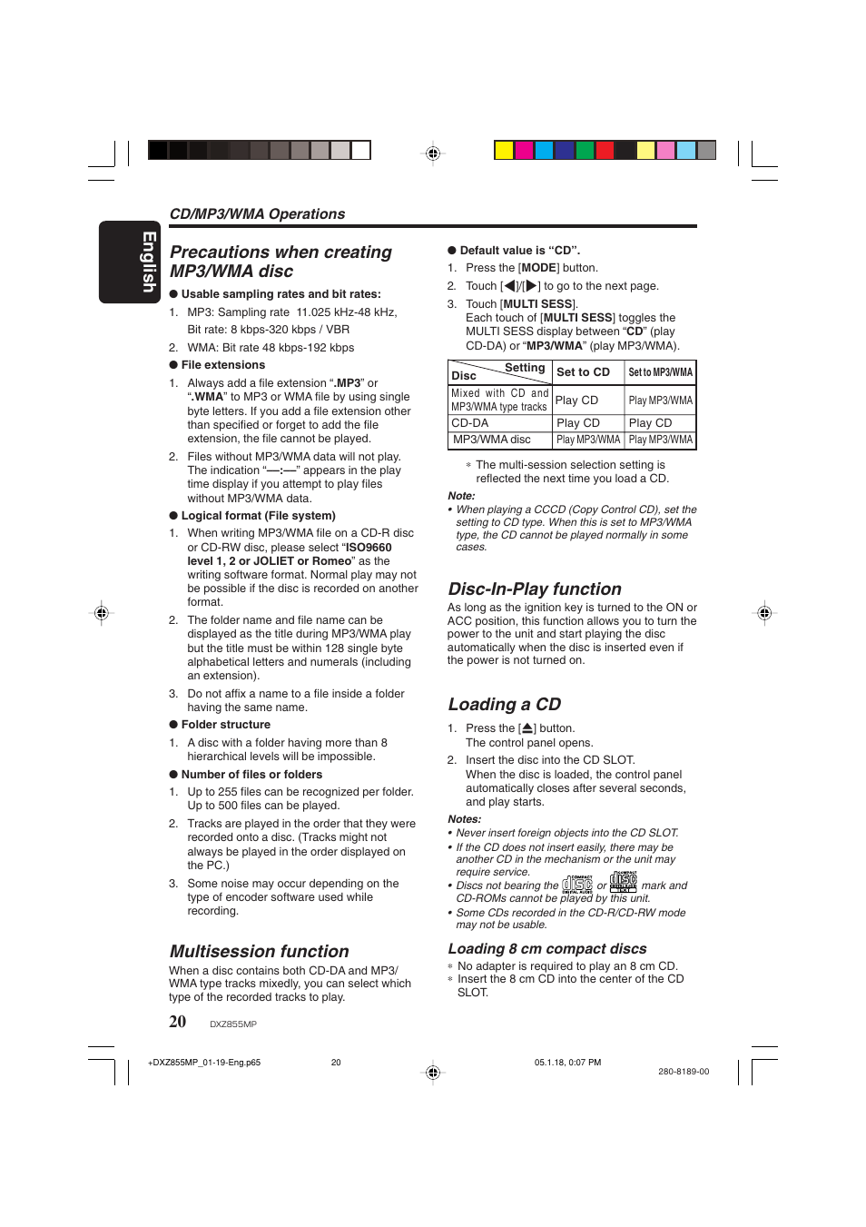 English, Precautions when creating mp3/wma disc, Multisession function | Disc-in-play function, Loading a cd, Cd/mp3/wma operations, Loading 8 cm compact discs | Clarion DXZ855MP User Manual | Page 20 / 46