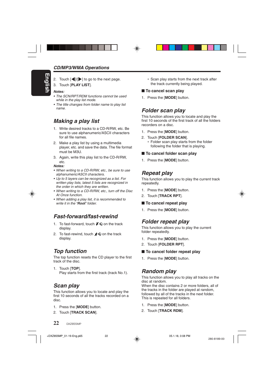 English, Making a play list, Fast-forward/fast-rewind | Top function, Scan play, Folder scan play, Repeat play, Folder repeat play, Random play | Clarion DXZ855MP User Manual | Page 22 / 46