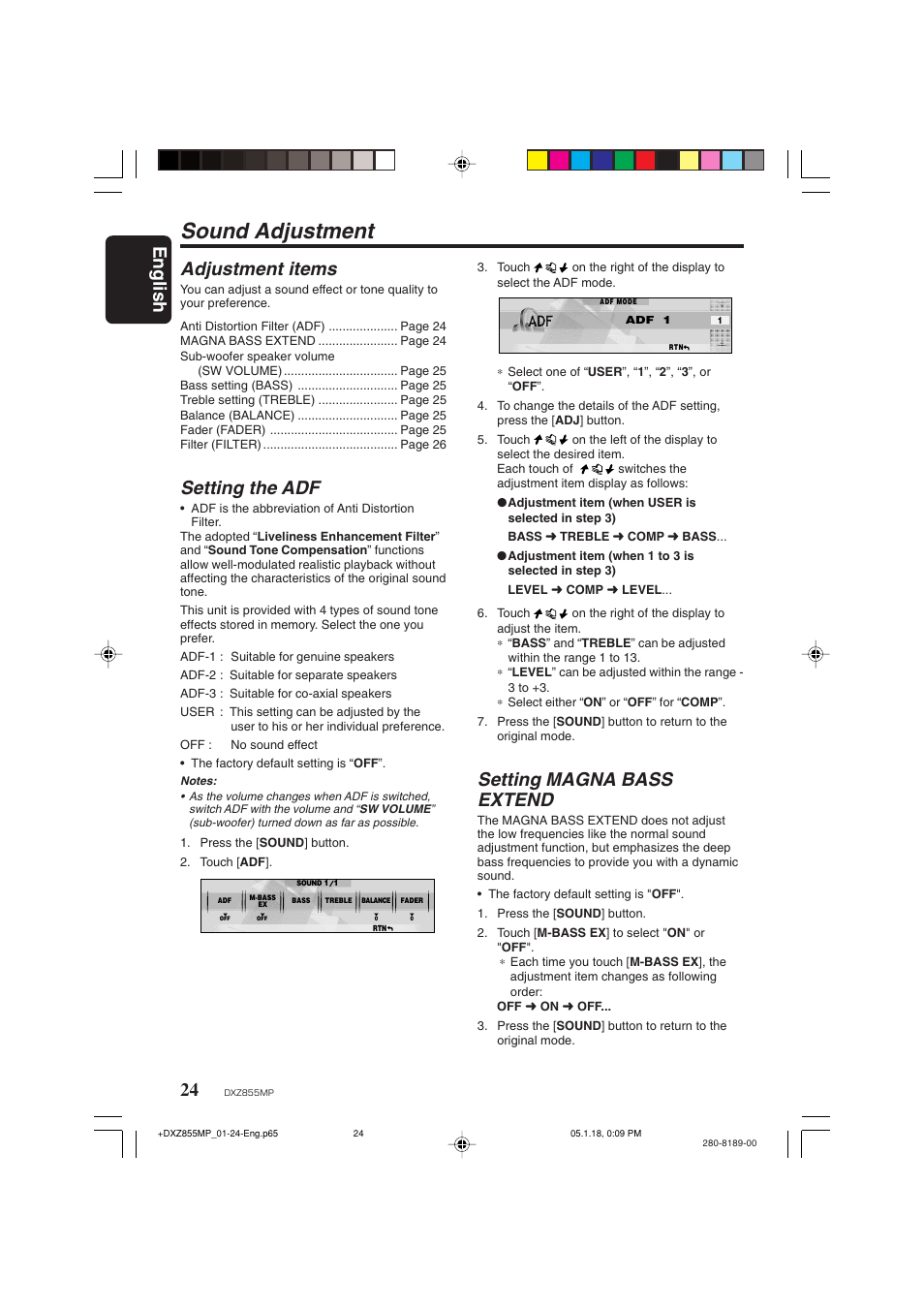 Sound adjustment, English, Adjustment items | Setting the adf, Setting magna bass extend | Clarion DXZ855MP User Manual | Page 24 / 46