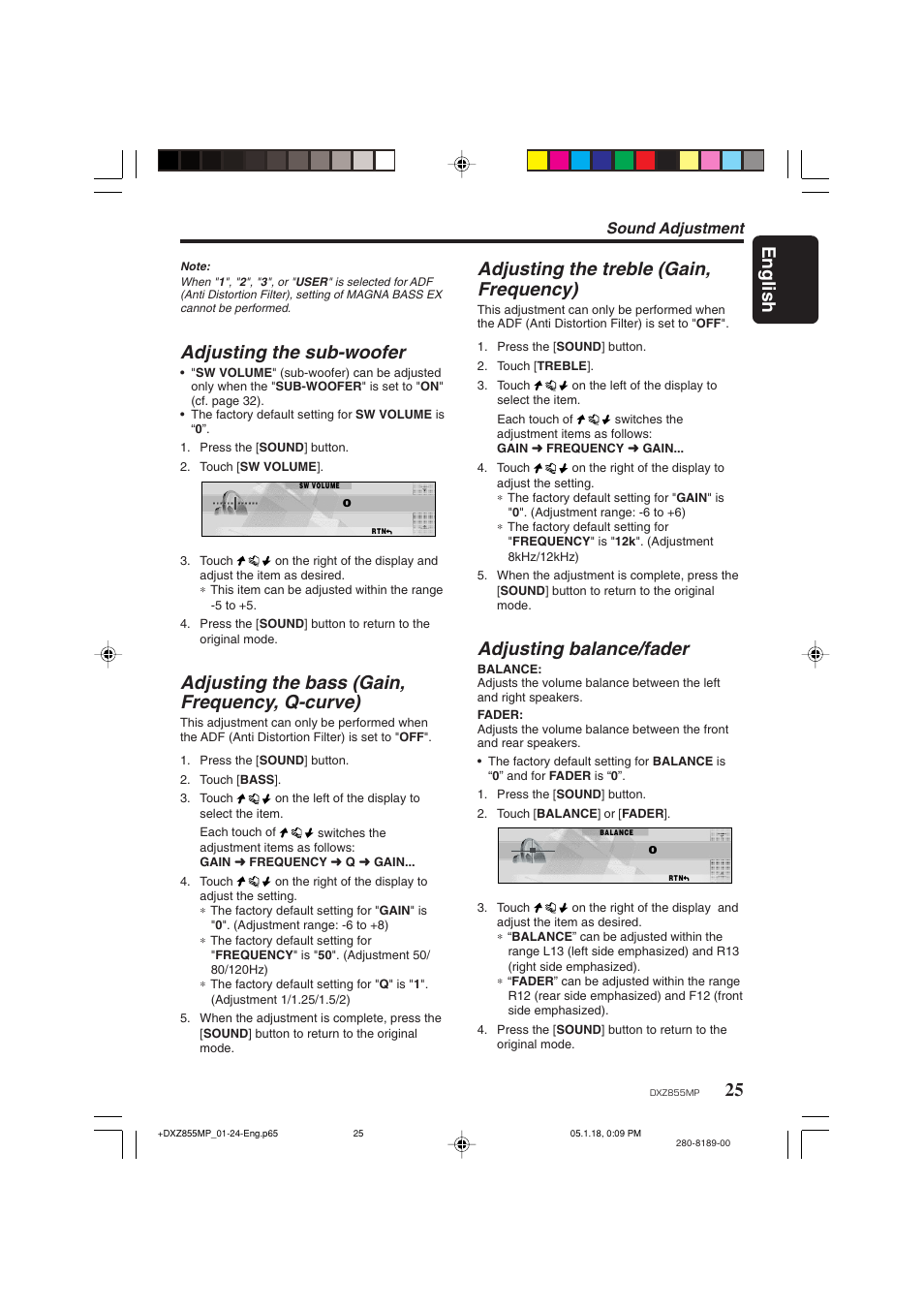English, Adjusting the sub-woofer, Adjusting the bass (gain, frequency, q-curve) | Adjusting the treble (gain, frequency), Adjusting balance/fader, Sound adjustment | Clarion DXZ855MP User Manual | Page 25 / 46