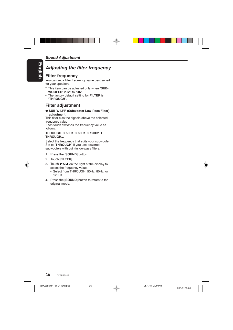 English, Adjusting the filter frequency, Filter frequency | Filter adjustment | Clarion DXZ855MP User Manual | Page 26 / 46