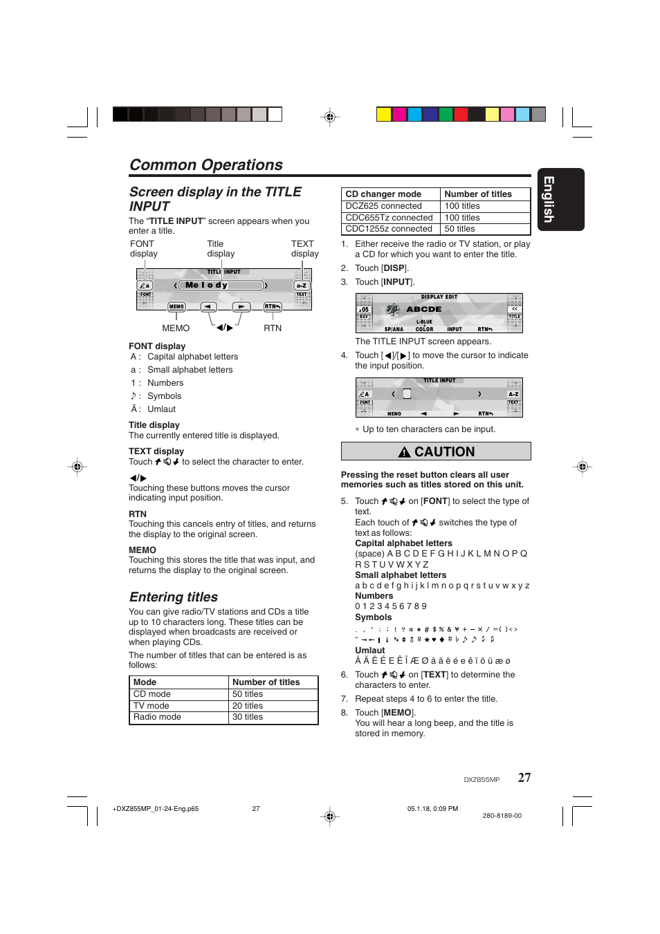 Common operations, English, Screen display in the title input | Entering titles, Caution | Clarion DXZ855MP User Manual | Page 27 / 46