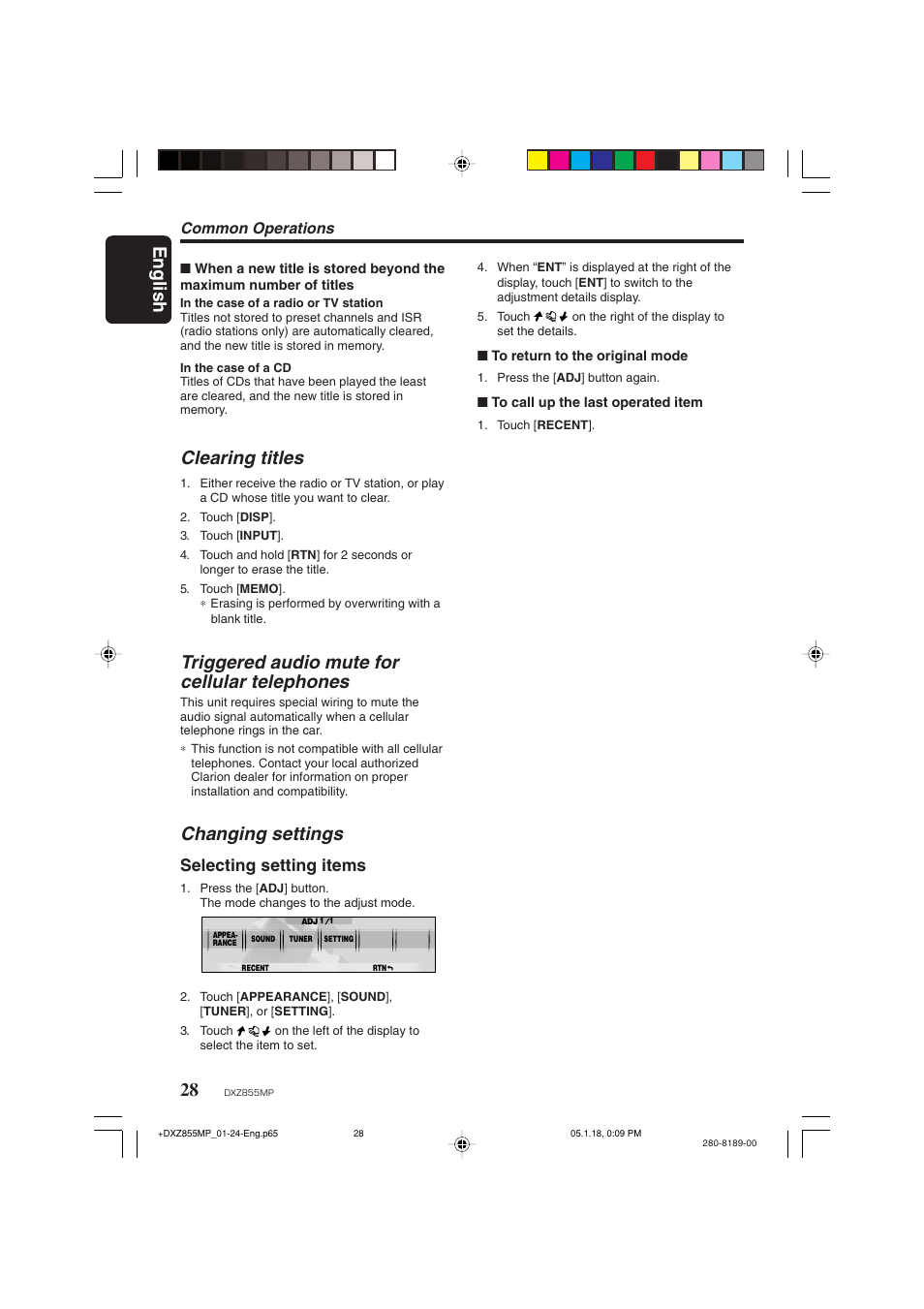 English, Clearing titles, Triggered audio mute for cellular telephones | Changing settings, Selecting setting items, Common operations | Clarion DXZ855MP User Manual | Page 28 / 46