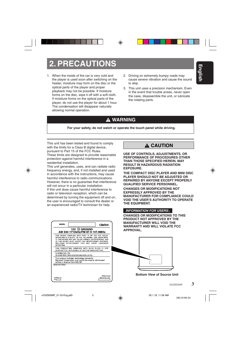 Precautions, 3english, Warning | Caution | Clarion DXZ855MP User Manual | Page 3 / 46