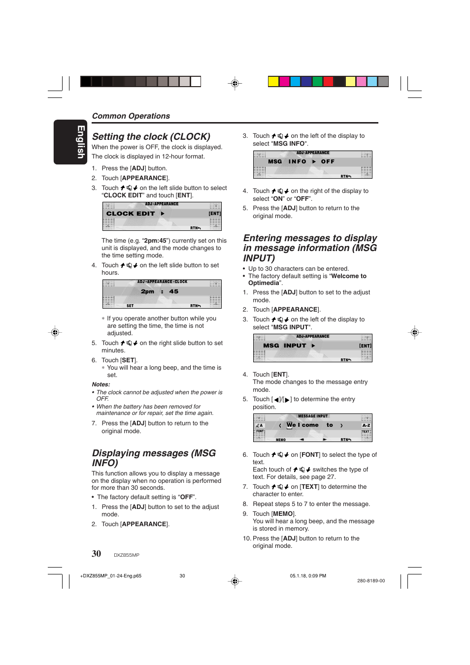 English setting the clock (clock), Displaying messages (msg info), Common operations | Clarion DXZ855MP User Manual | Page 30 / 46