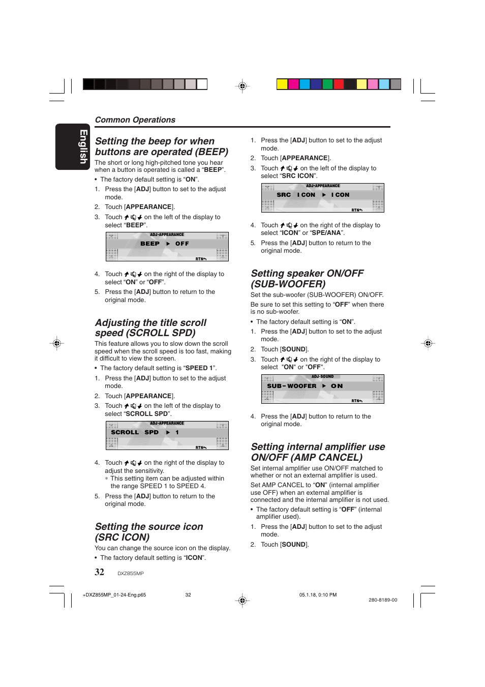 Adjusting the title scroll speed (scroll spd), Setting the source icon (src icon), Setting speaker on/off (sub-woofer) | Setting internal amplifier use on/off (amp cancel), Common operations | Clarion DXZ855MP User Manual | Page 32 / 46