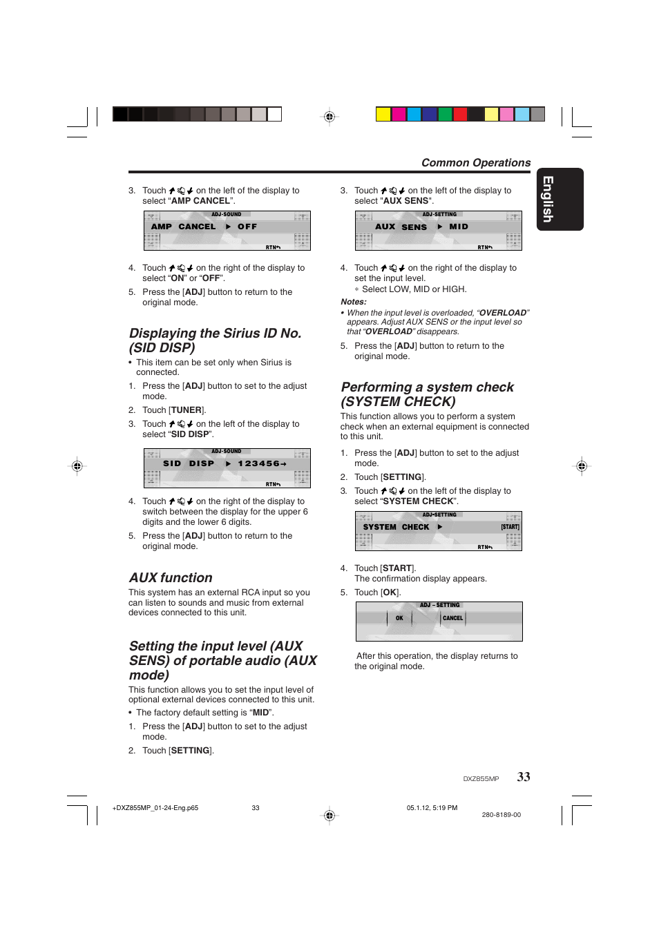 English, Displaying the sirius id no. (sid disp), Aux function | Performing a system check (system check), Common operations | Clarion DXZ855MP User Manual | Page 33 / 46