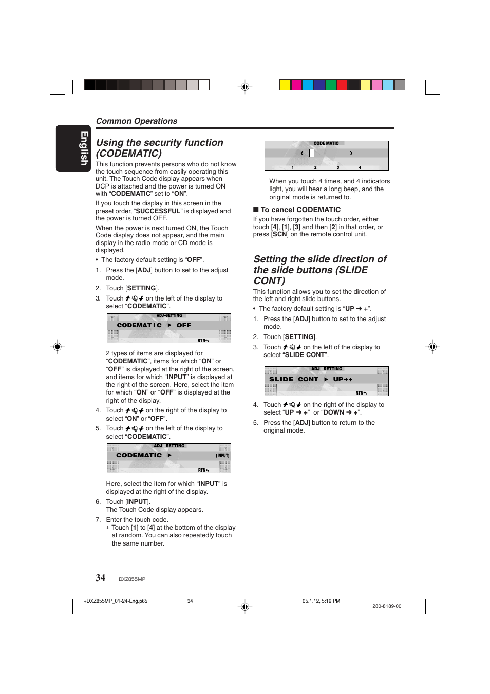 English using the security function (codematic), Common operations | Clarion DXZ855MP User Manual | Page 34 / 46