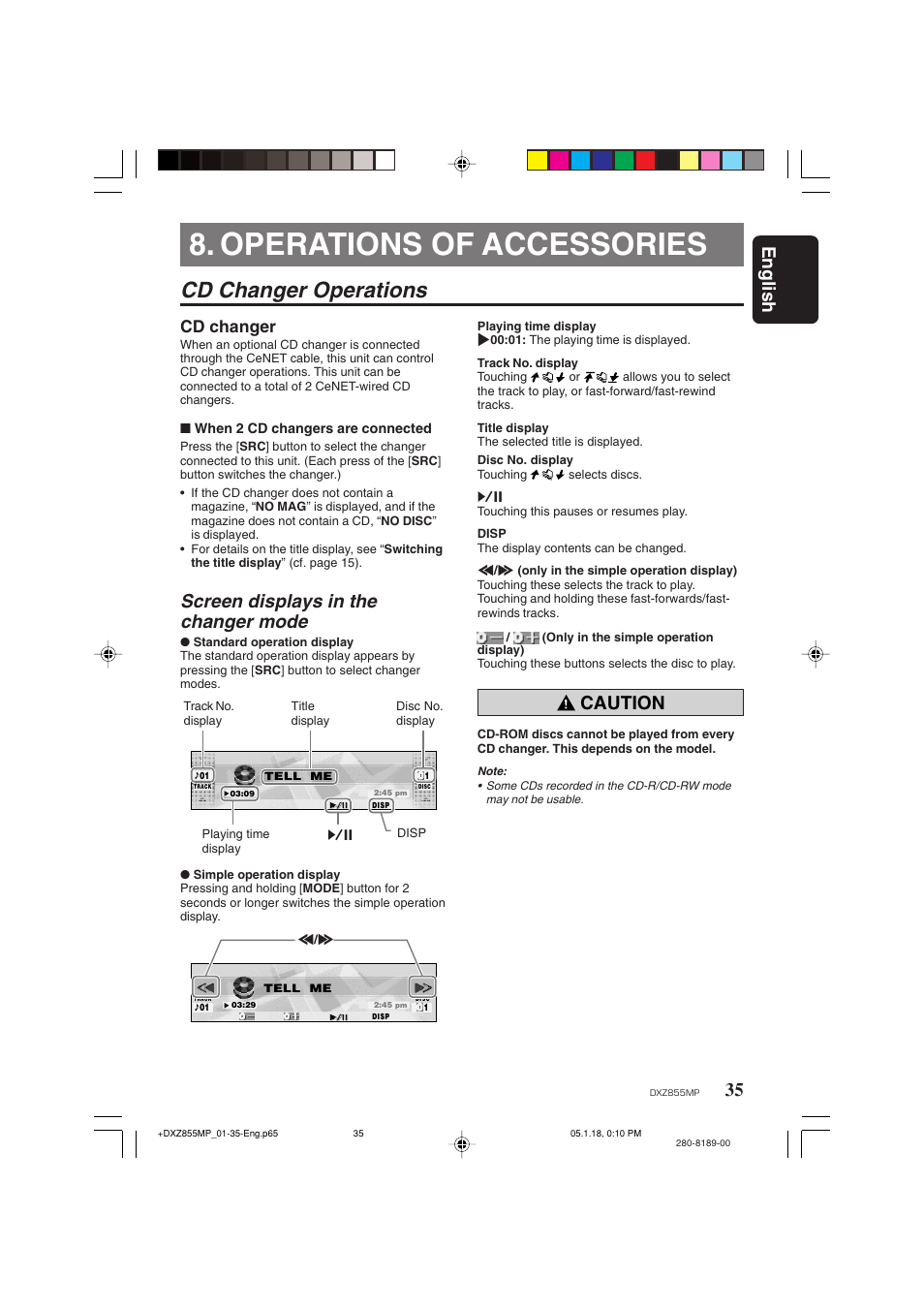 Operations of accessories, Cd changer operations, 35 english | Screen displays in the changer mode, Caution, Cd changer | Clarion DXZ855MP User Manual | Page 35 / 46