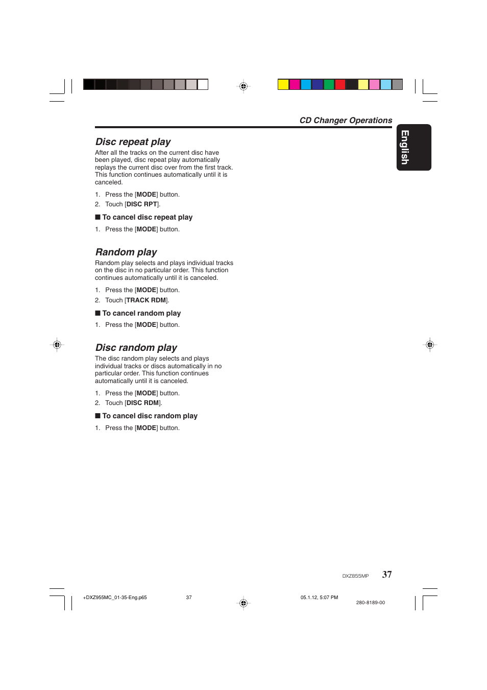 37 english, Disc repeat play, Random play | Disc random play | Clarion DXZ855MP User Manual | Page 37 / 46