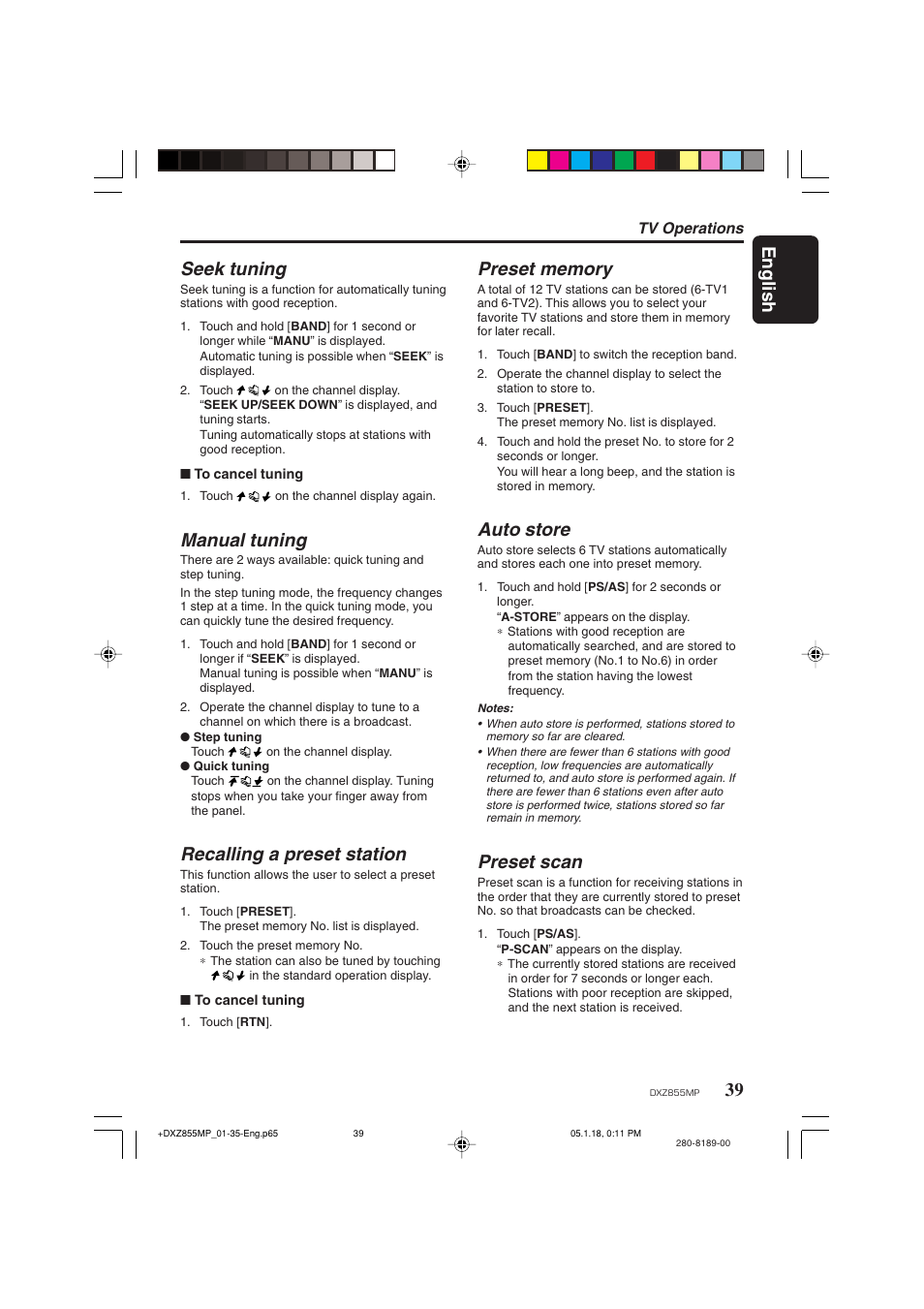 39 english seek tuning, Manual tuning, Recalling a preset station | Auto store, Preset scan | Clarion DXZ855MP User Manual | Page 39 / 46