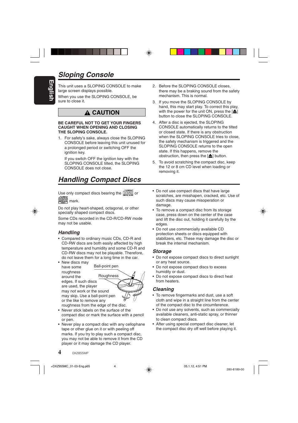 Sloping console, Handling compact discs, English | Caution, Handling, Storage, Cleaning | Clarion DXZ855MP User Manual | Page 4 / 46