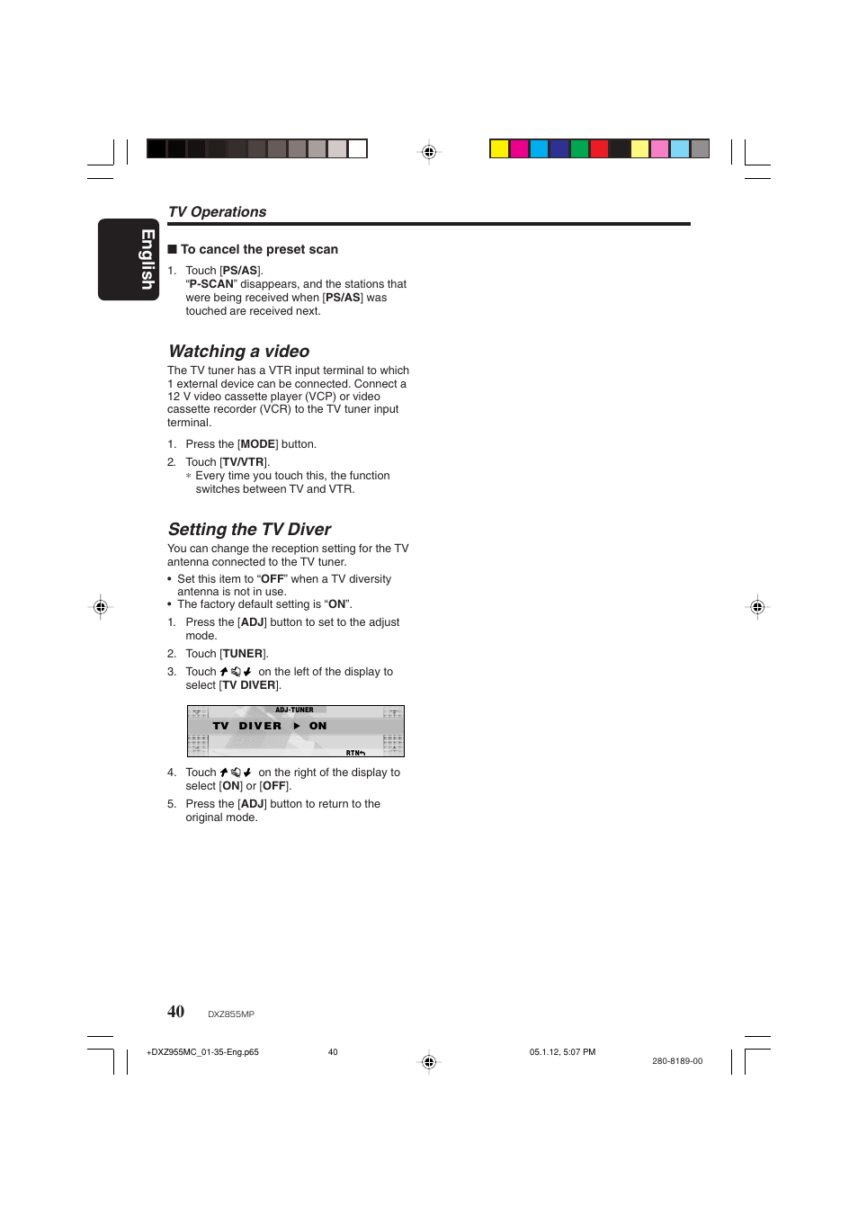 English, Watching a video, Setting the tv diver | Tv operations | Clarion DXZ855MP User Manual | Page 40 / 46