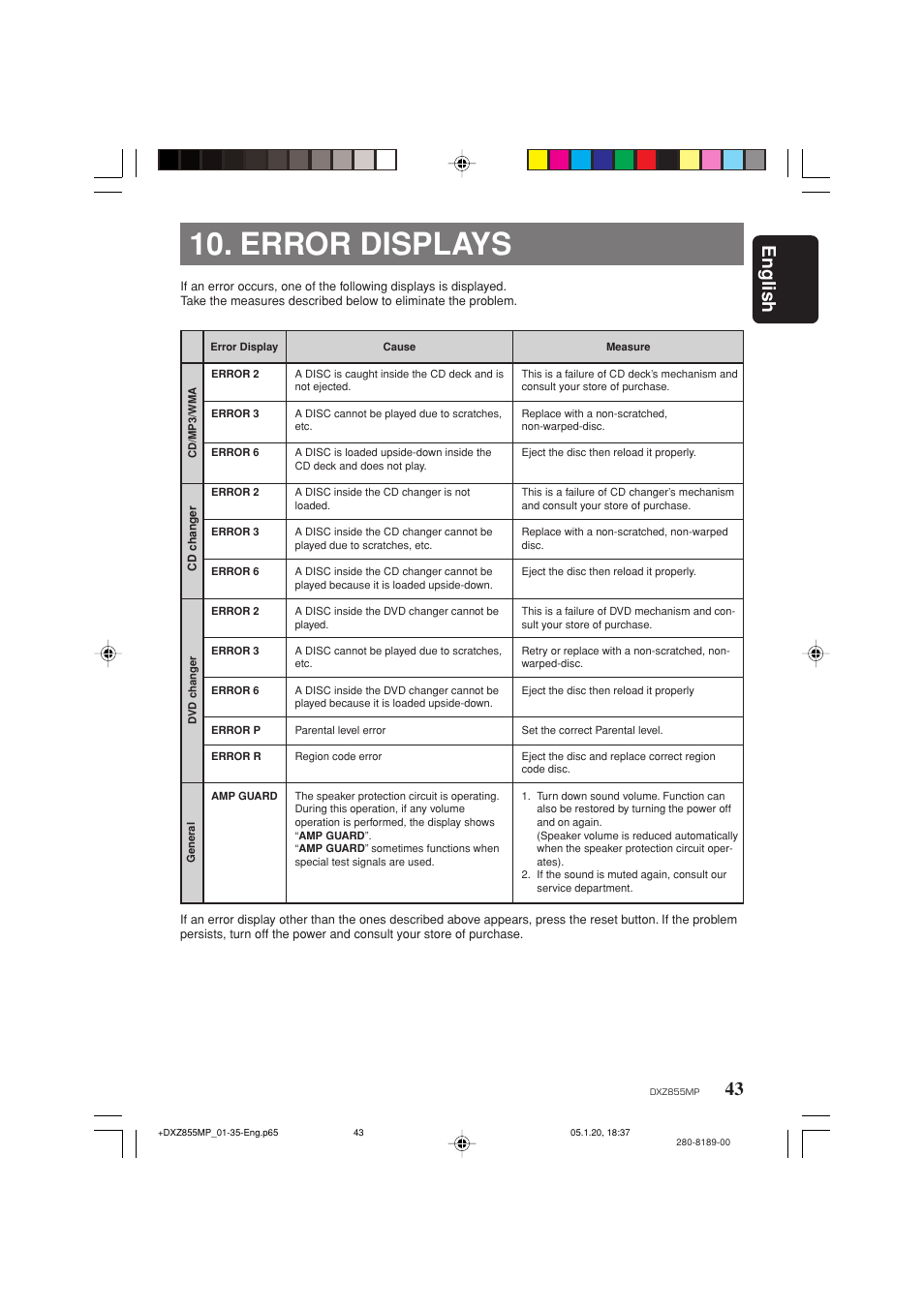 Error displays, English | Clarion DXZ855MP User Manual | Page 43 / 46