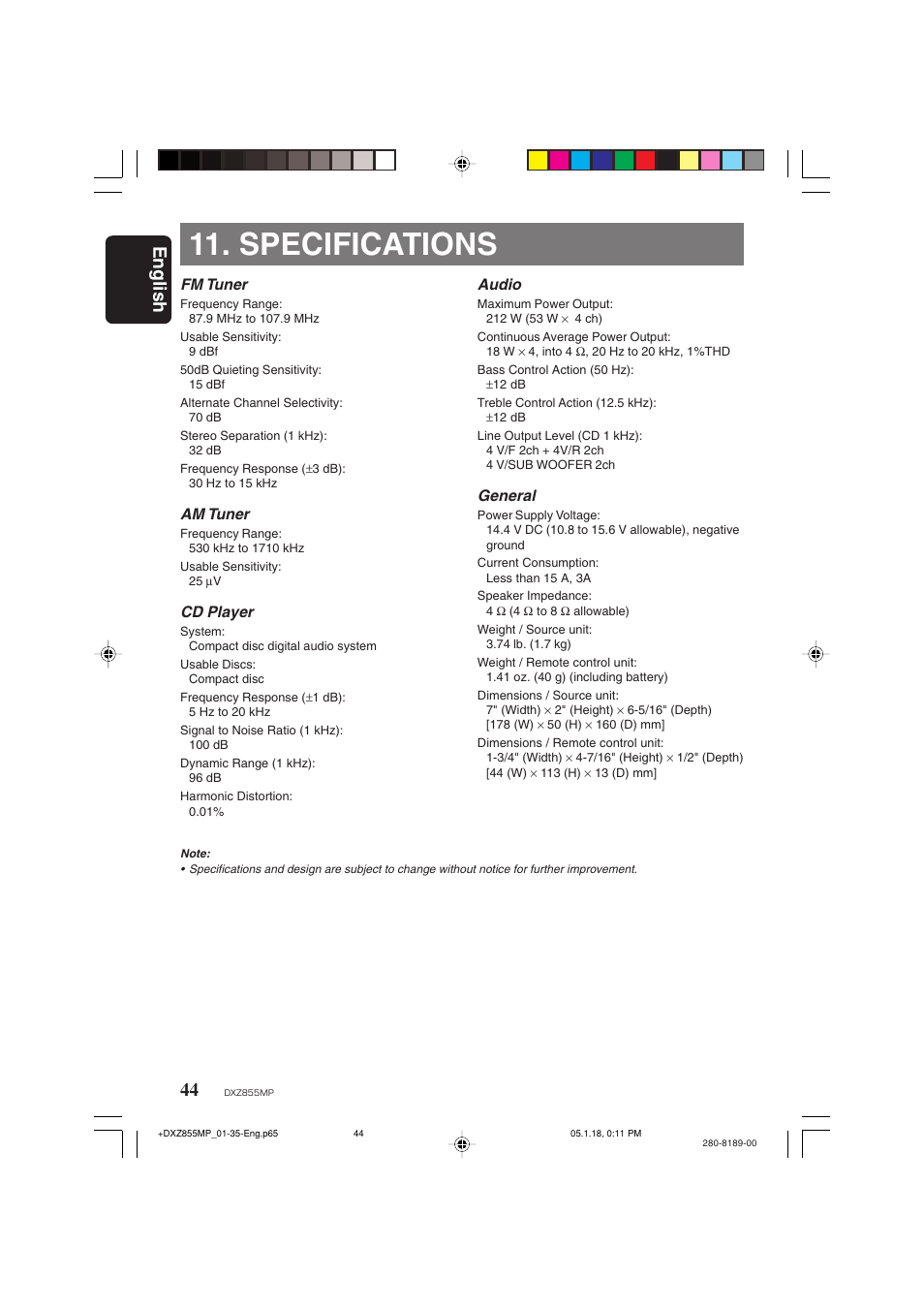 Specifications, English 44, Audio | General, Fm tuner, Am tuner, Cd player | Clarion DXZ855MP User Manual | Page 44 / 46