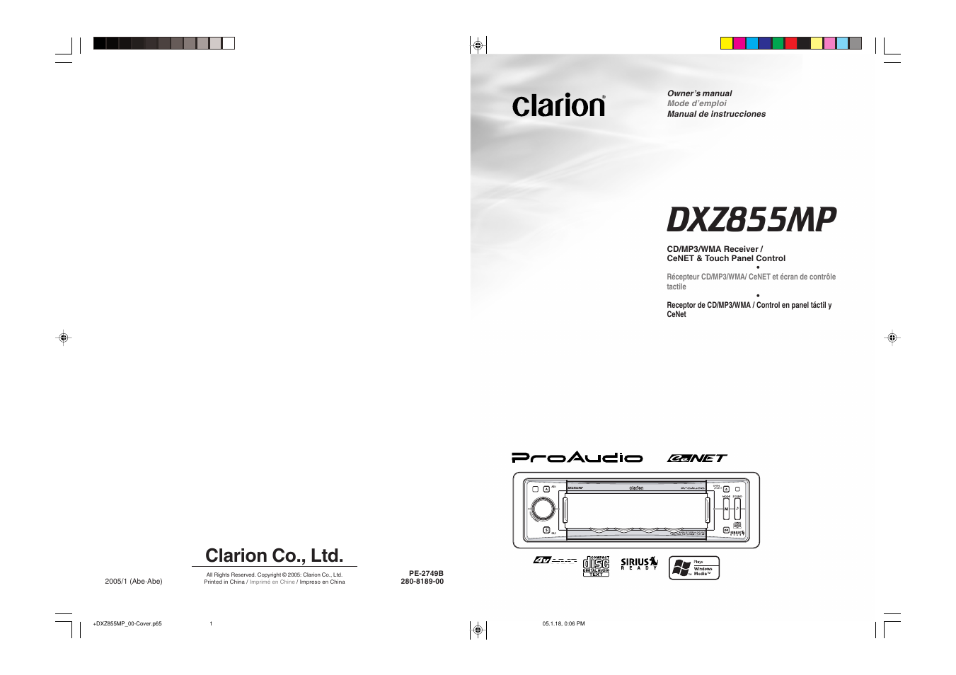 Dxz855mp, Clarion co., ltd | Clarion DXZ855MP User Manual | Page 46 / 46