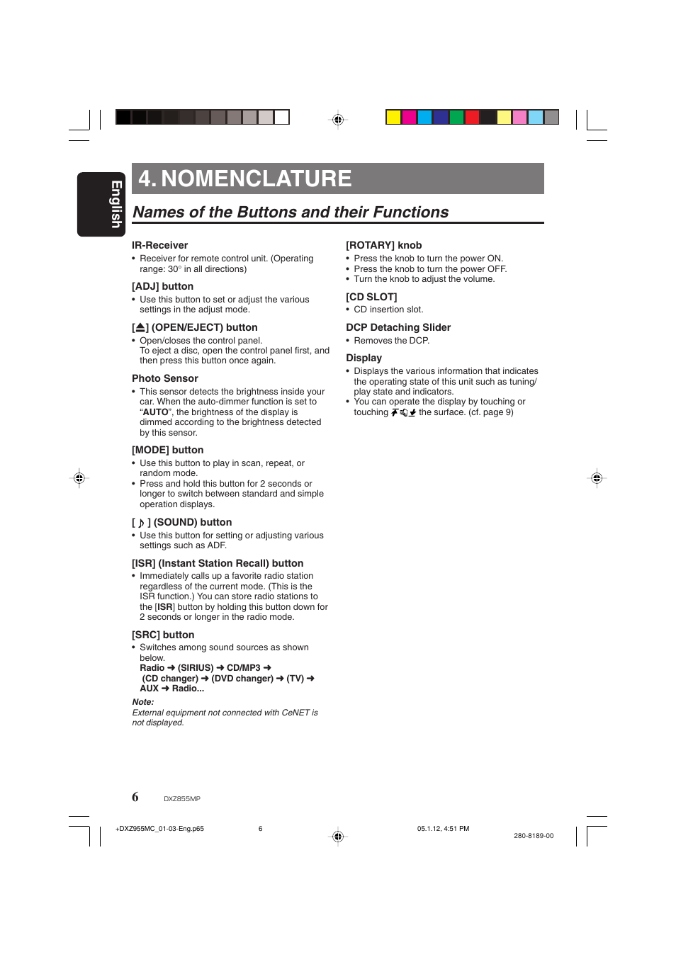 Nomenclature, Names of the buttons and their functions, English | Clarion DXZ855MP User Manual | Page 6 / 46