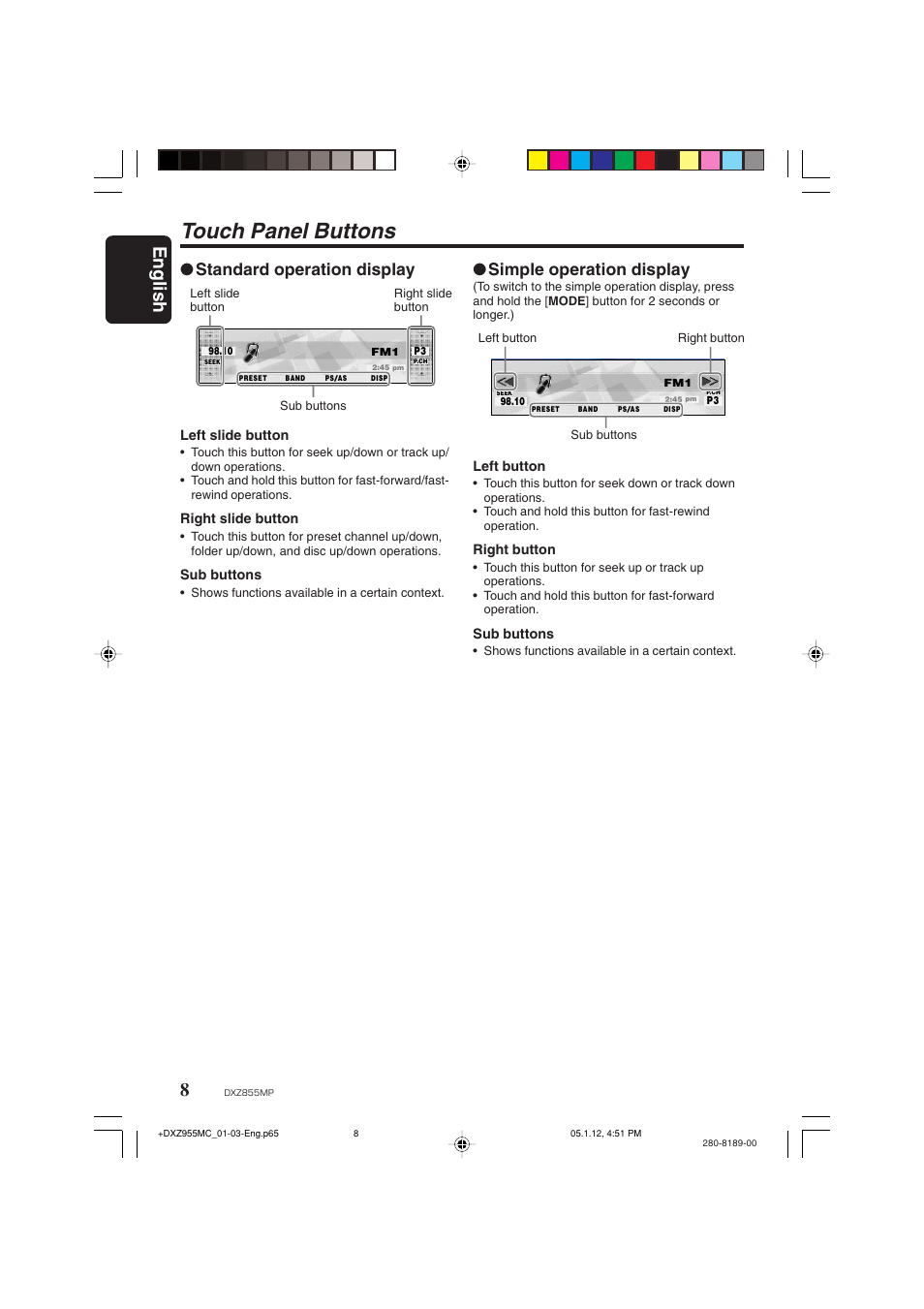 Touch panel buttons, English, Standard operation display | Simple operation display | Clarion DXZ855MP User Manual | Page 8 / 46
