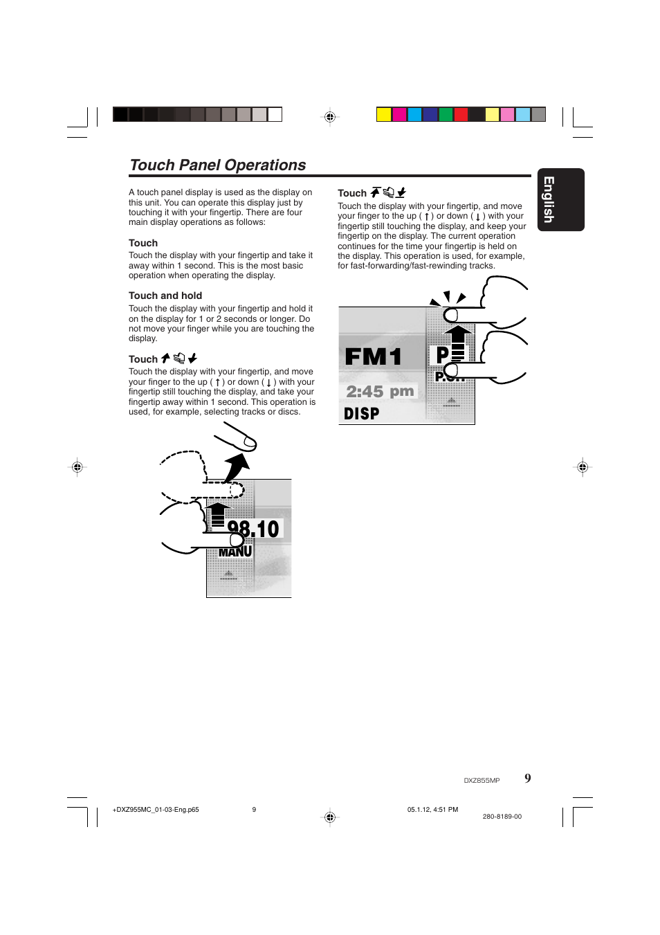 Disp, Touch panel operations, Manu | Clarion DXZ855MP User Manual | Page 9 / 46