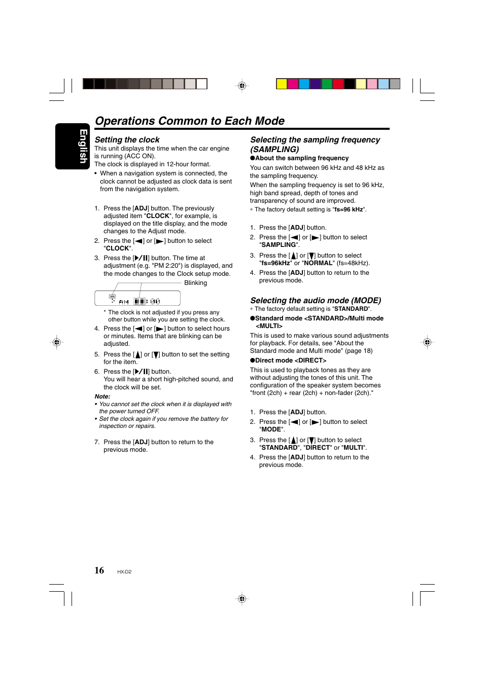 Operations common to each mode, English, Selecting the sampling frequency (sampling) | Selecting the audio mode (mode), Setting the clock | Clarion HX-D2 User Manual | Page 12 / 31