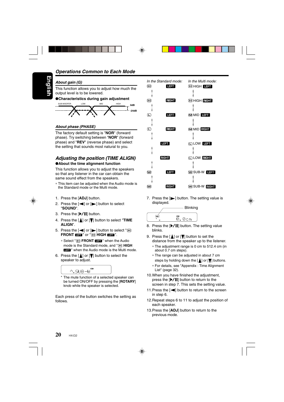 English, Adjusting the position (time align), Operations common to each mode | Clarion HX-D2 User Manual | Page 16 / 31