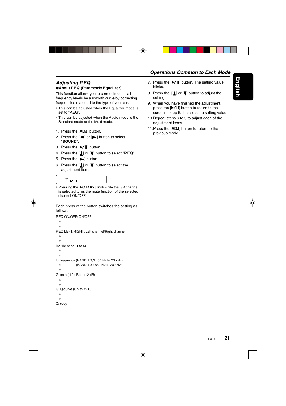 21 english, Operations common to each mode adjusting p.eq | Clarion HX-D2 User Manual | Page 17 / 31