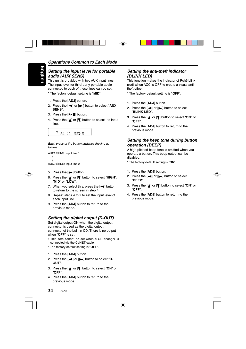 English, Setting the digital output (d-out), Setting the anti-theft indicator (blink led) | Operations common to each mode | Clarion HX-D2 User Manual | Page 20 / 31