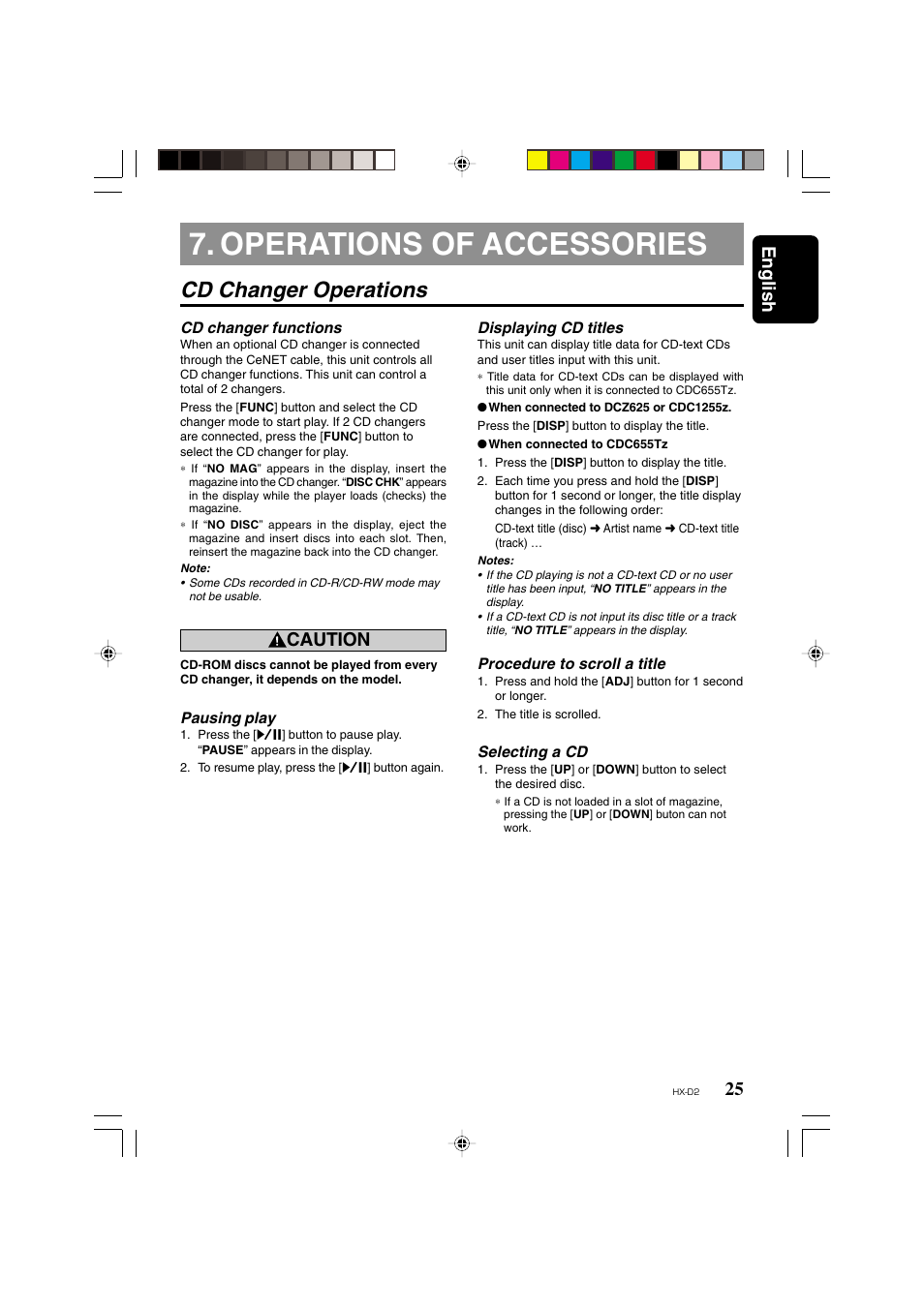 Operations of accessories, Cd changer operations, 25 english | Caution | Clarion HX-D2 User Manual | Page 21 / 31