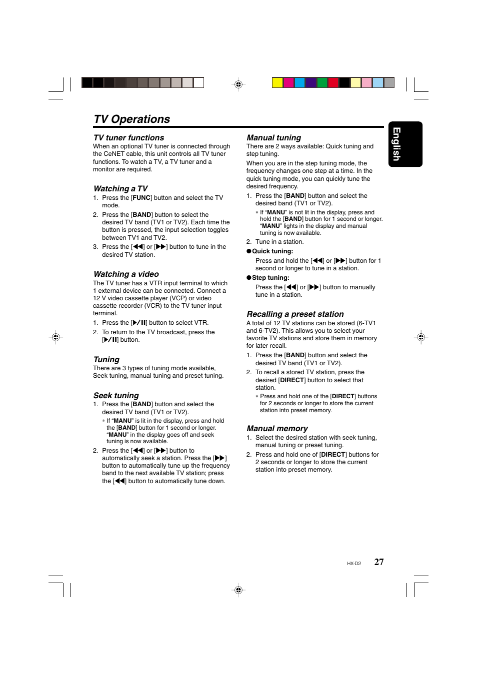 Tv operations, 27 english | Clarion HX-D2 User Manual | Page 23 / 31