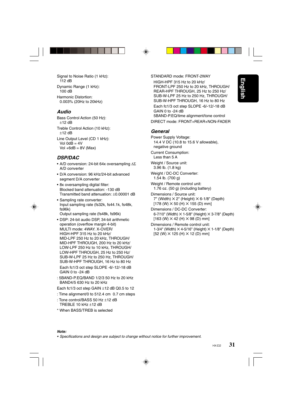 31 english, Audio, Dsp/dac | General | Clarion HX-D2 User Manual | Page 27 / 31