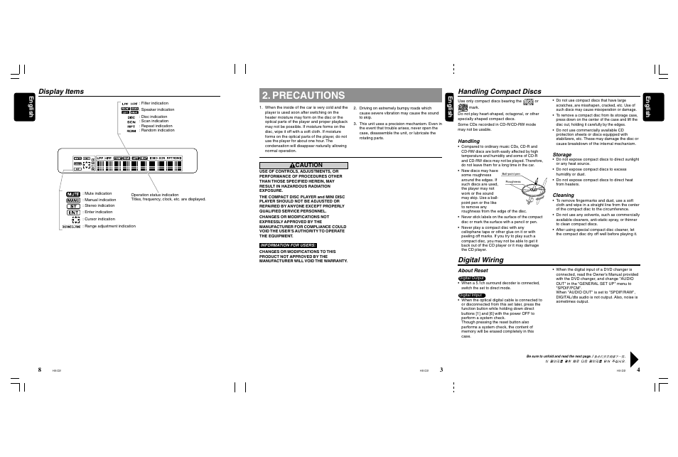 Precautions, Handling compact discs, Digital wiring | Display items, 4english english english, Caution | Clarion HX-D2 User Manual | Page 3 / 31