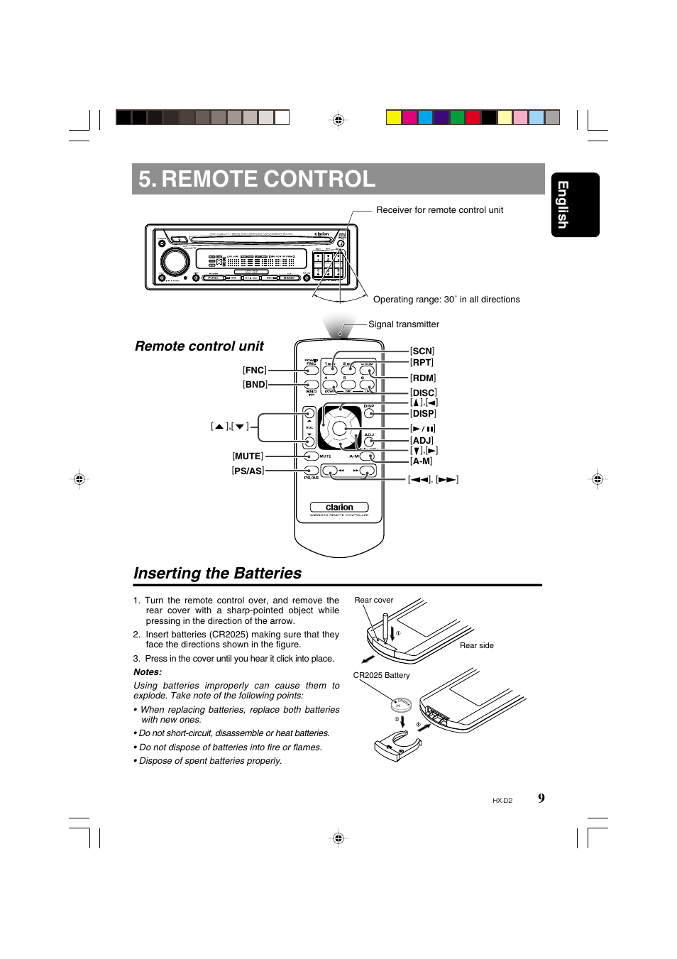 Remote control, Inserting the batteries, 9english | Remote control unit | Clarion HX-D2 User Manual | Page 5 / 31