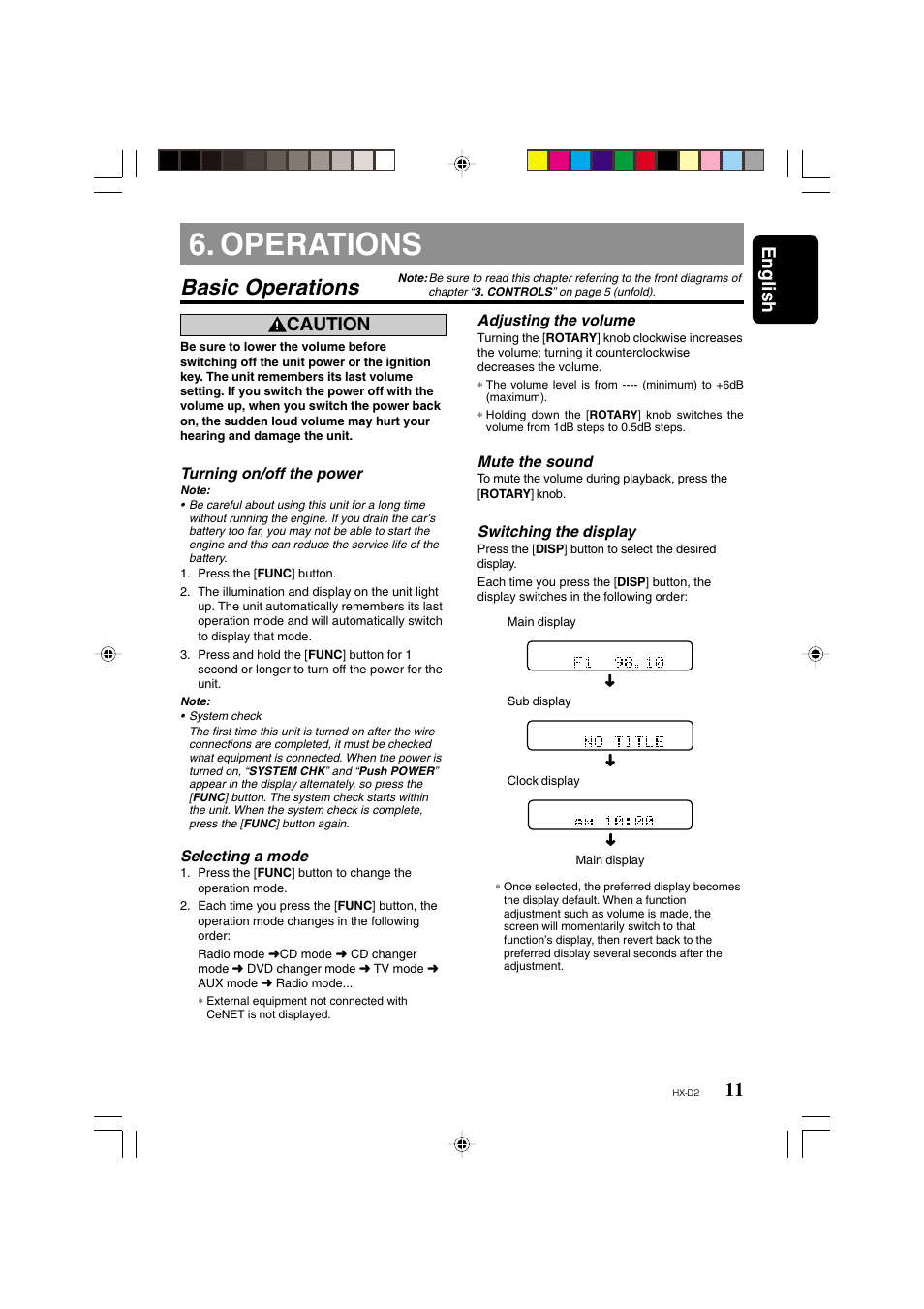 Operations, Basic operations, 11 english | Caution | Clarion HX-D2 User Manual | Page 7 / 31
