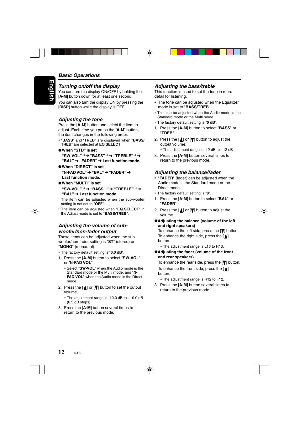 English, Adjusting the bass/treble, Adjusting the balance/fader | Turning on/off the display, Adjusting the tone, Basic operations | Clarion HX-D2 User Manual | Page 8 / 31