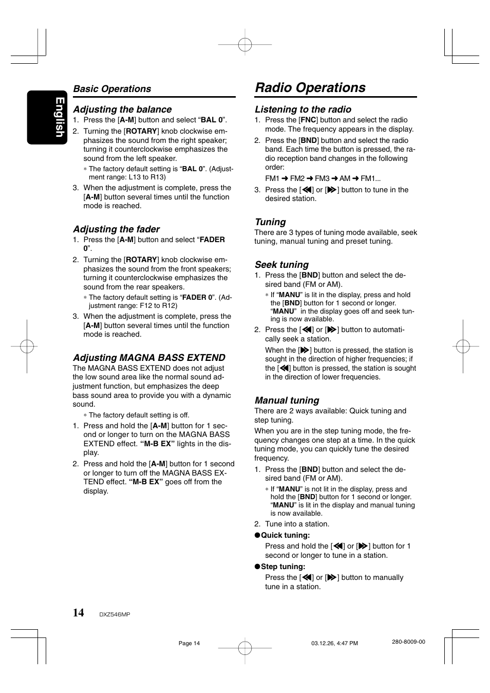 Radio operations, English, Listening to the radio | Tuning, Seek tuning, Manual tuning, Basic operations adjusting the balance, Adjusting the fader, Adjusting magna bass extend | Clarion DXZ546MP User Manual | Page 10 / 26