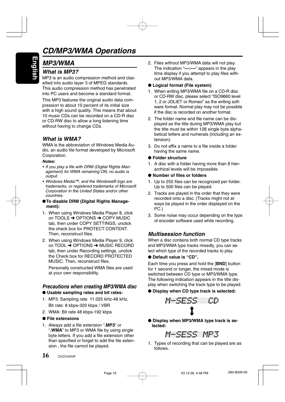 Cd/mp3/wma operations, English, Mp3/wma | Clarion DXZ546MP User Manual | Page 12 / 26