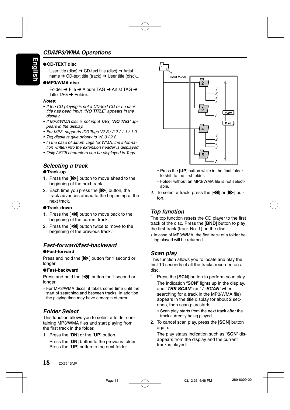 English, Selecting a track, Fast-forward/fast-backward | Folder select, Cd/mp3/wma operations, Top function, Scan play | Clarion DXZ546MP User Manual | Page 14 / 26
