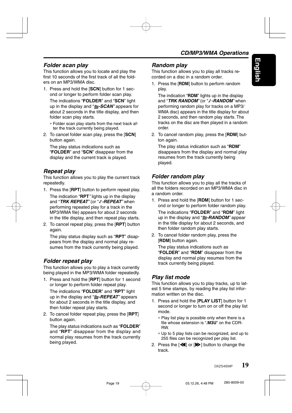 19 english, Cd/mp3/wma operations folder scan play, Repeat play | Folder repeat play, Random play, Folder random play, Play list mode | Clarion DXZ546MP User Manual | Page 15 / 26
