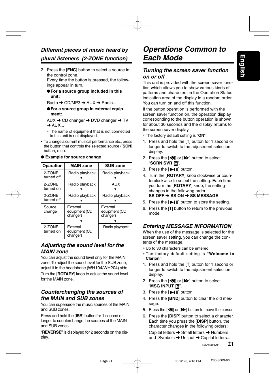 Operations common to each mode, 21 english, Turning the screen saver function on or off | Entering message information, Adjusting the sound level for the main zone | Clarion DXZ546MP User Manual | Page 17 / 26