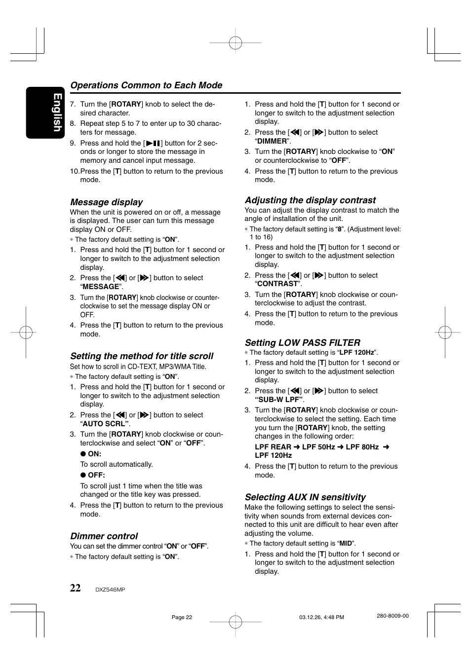 English, Operations common to each mode, Adjusting the display contrast | Setting low pass filter, Selecting aux in sensitivity, Message display, Setting the method for title scroll, Dimmer control | Clarion DXZ546MP User Manual | Page 18 / 26