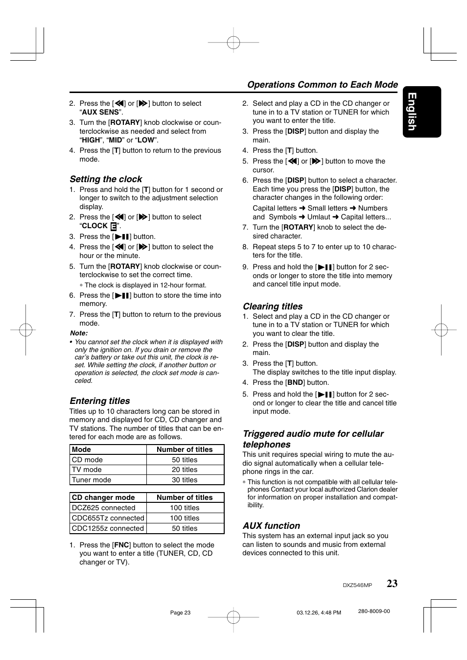 23 english, Operations common to each mode, Clearing titles | Triggered audio mute for cellular telephones, Aux function, Setting the clock, Entering titles | Clarion DXZ546MP User Manual | Page 19 / 26