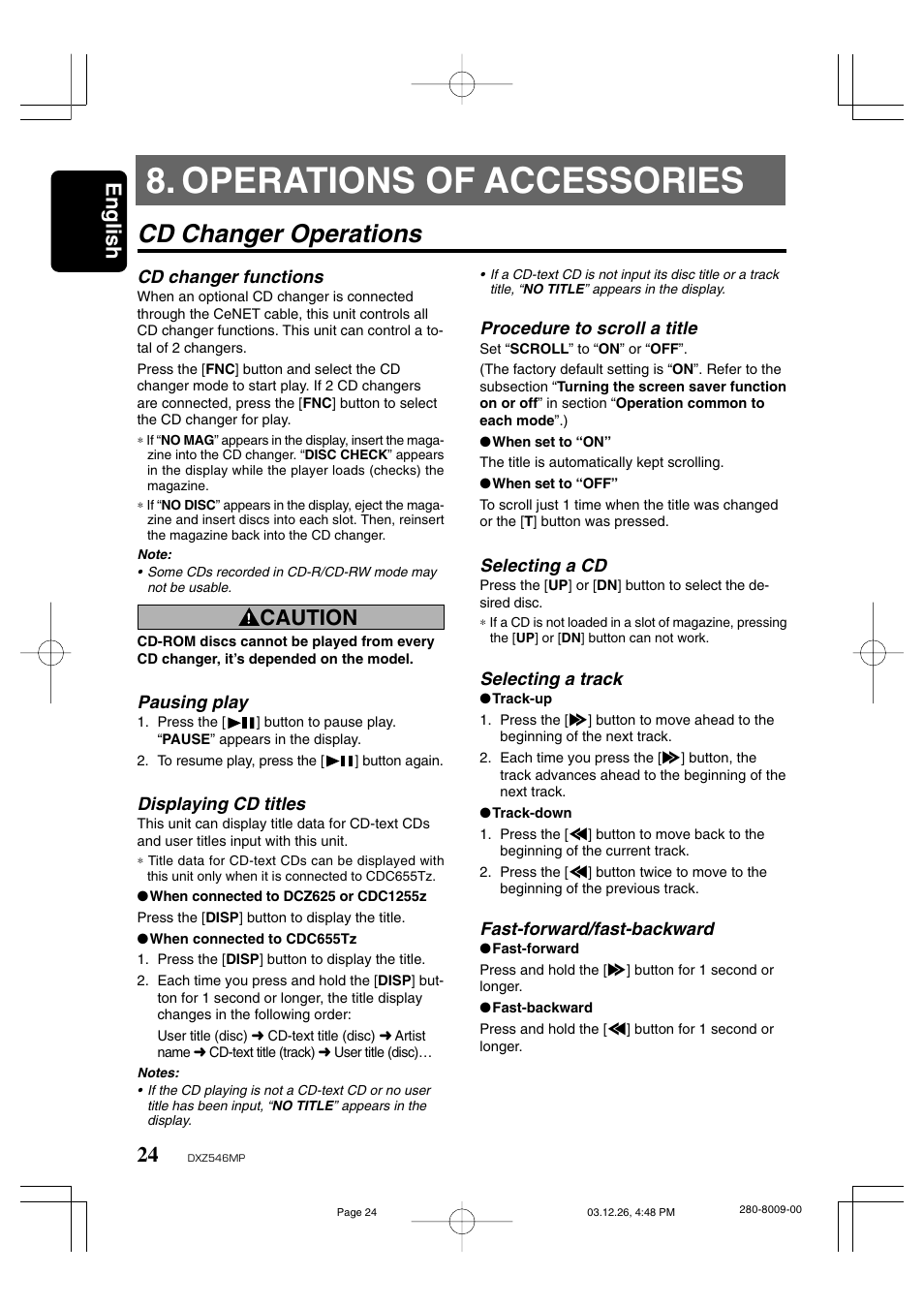 Operations of accessories, Cd changer operations, English | Caution | Clarion DXZ546MP User Manual | Page 20 / 26