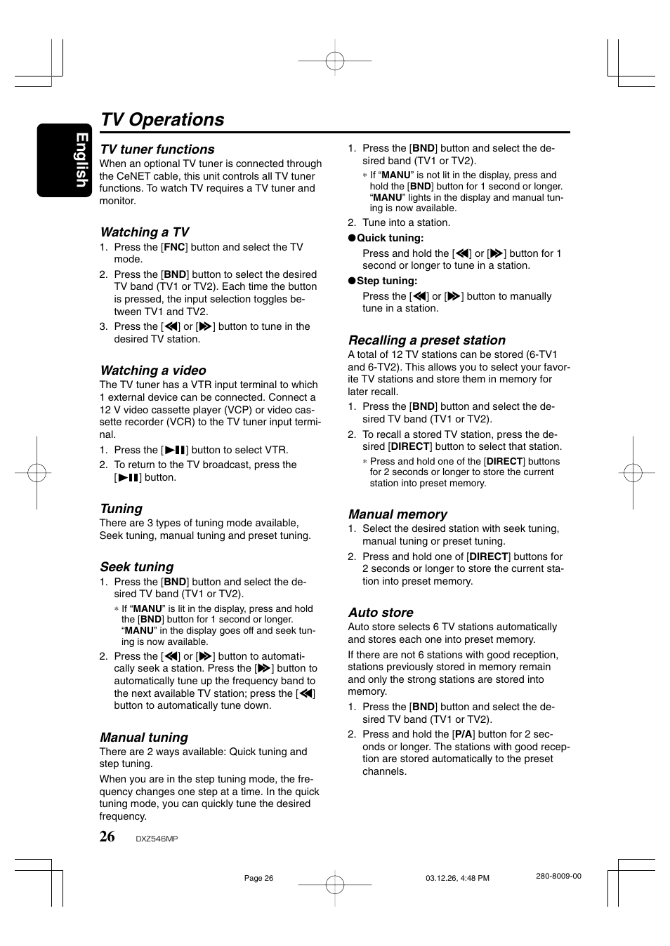 Tv operations, English | Clarion DXZ546MP User Manual | Page 22 / 26